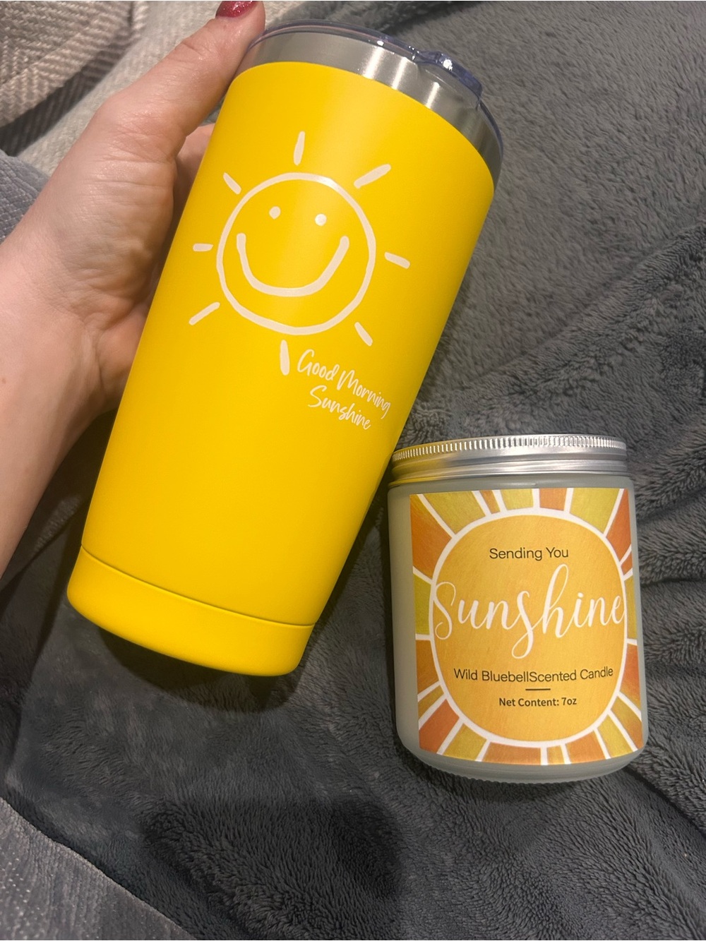 Yellow 'Good Morning Sunshine' Travel Tumbler & Sunshine wild bluebell candle
